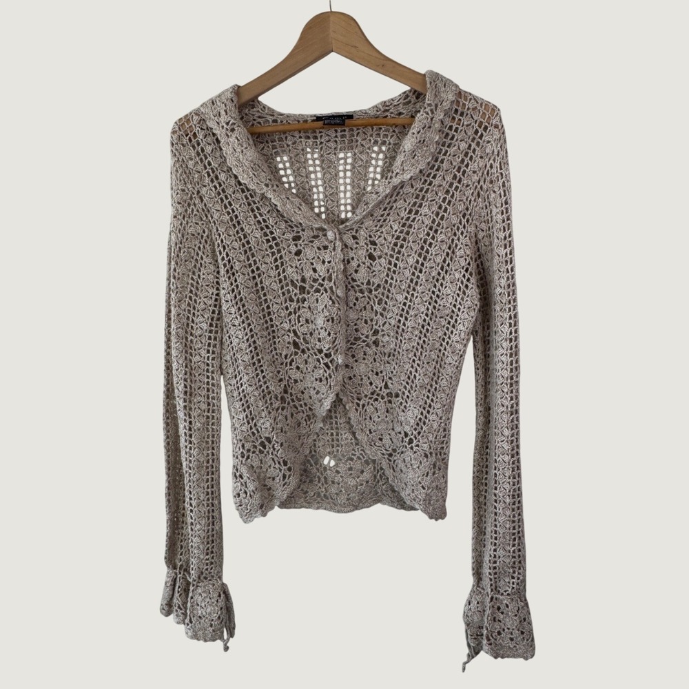 Cami Crochet Knit Cardigan Womens M Tan Boho Open Knit Coquette‎ Cottagecore